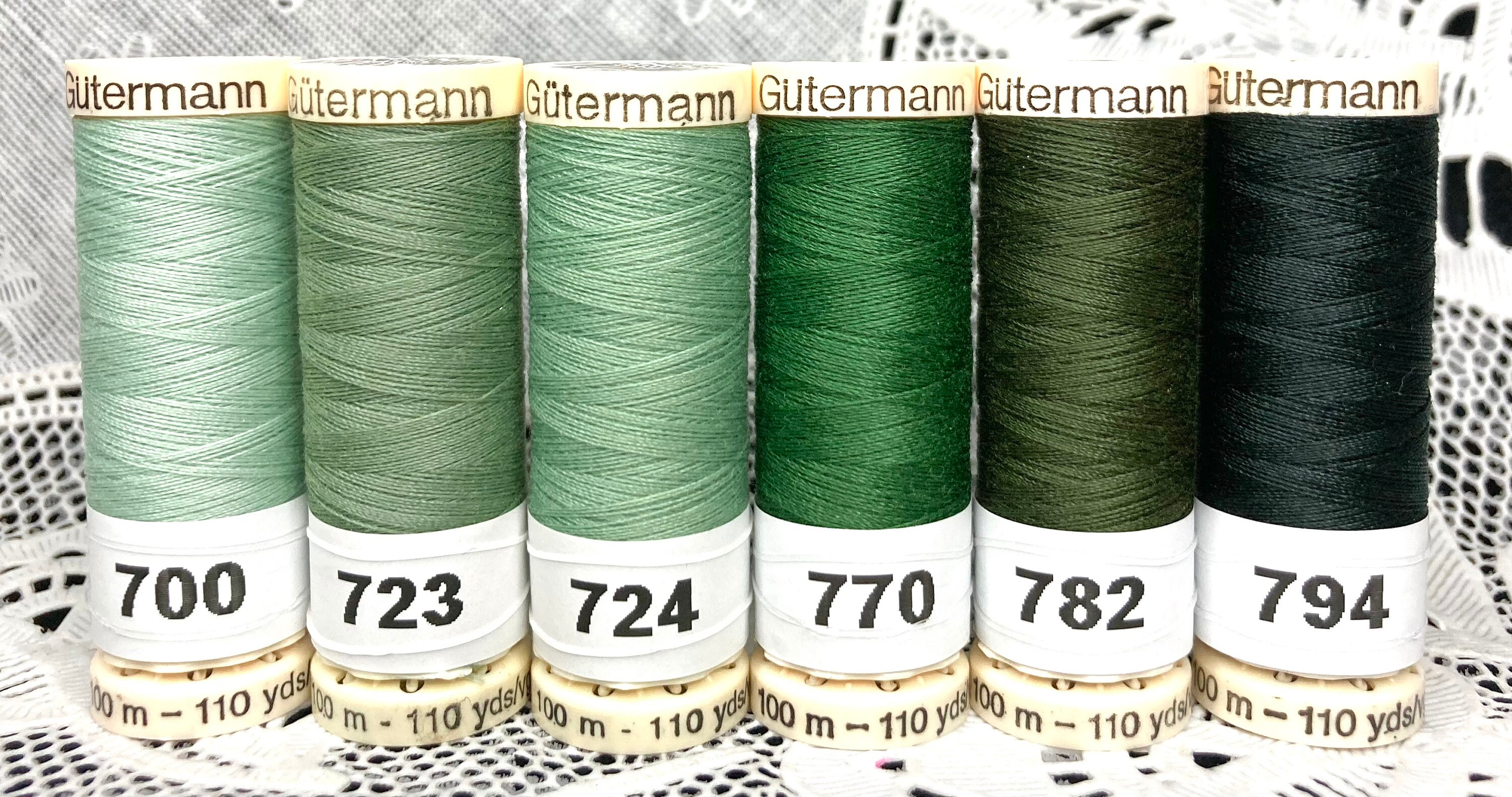 knts 6 NEW Different Green 110 Yard Spools 100% Polyester GUTERMANN Sew