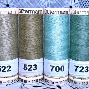 6 NEW different Tan sage green 110 yard spools 100% polyester GUTERMANN sew-all thread