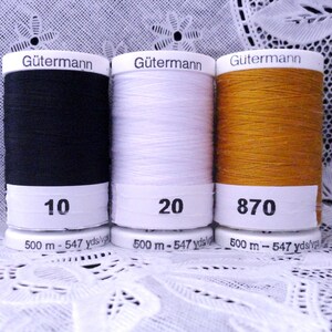 3 NEW black white gold colors GUTERMANN 100% polyester Sew-all thread 547 yard Spools
