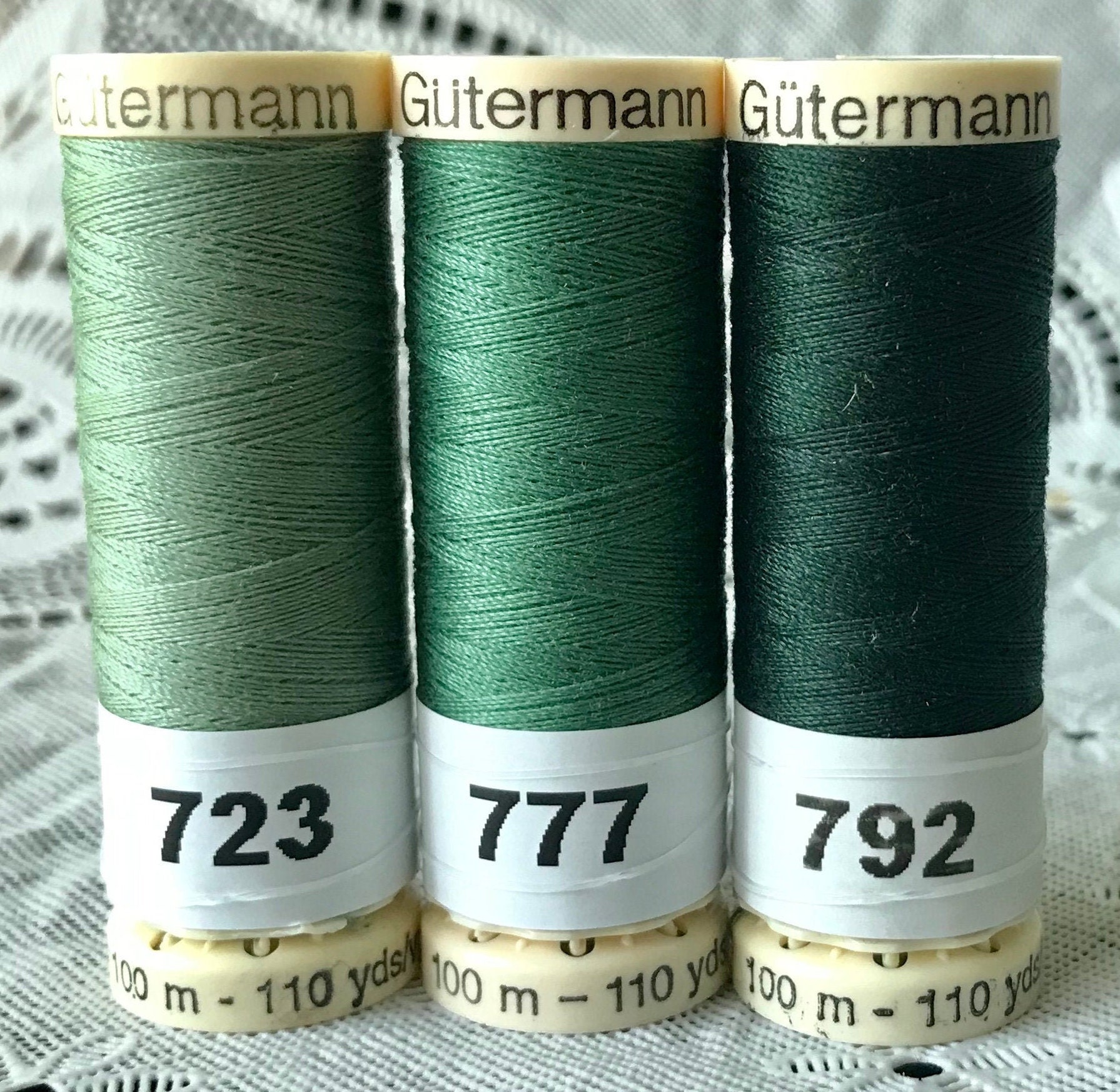 3 NEW different Green colors GUTERMANN 100% polyester thread 110 yard spools 3 NEW different Green colors GUTERMANN 100% polyester thread 110 yard spools