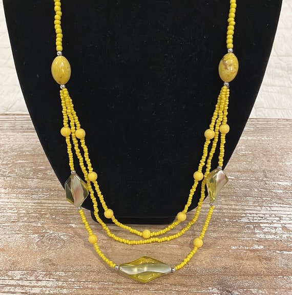 Vintage Yellow Beaded Triple Layer Strand Long St… - image 2