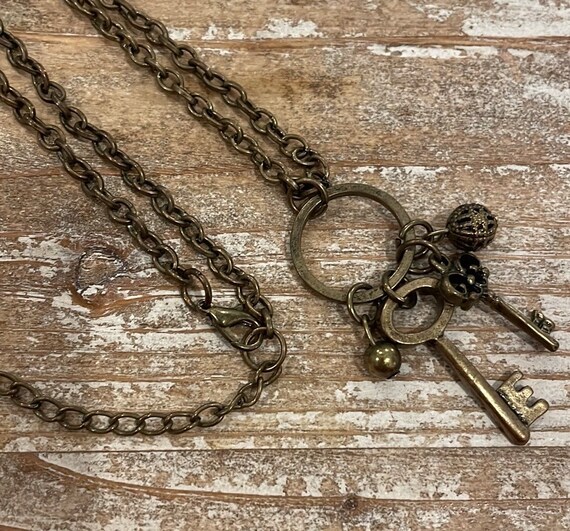 Vintage Gold Tone Keys Pendant Statement Necklace - image 3