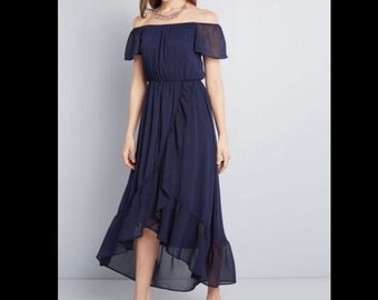 ModCloth Go Gracefully Off Shoulder Navy Ruffle High Low Maxi Dress Size XXS