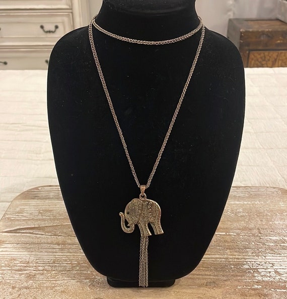 Vintage Silver Tone Large Long Elephant Pendant S… - image 1