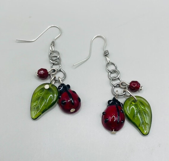Silver Tone Ladybug Leaf Dangle Drop Statement Ea… - image 1