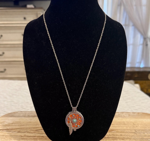 Essential Oils Aromatherapy Silver Tone Dreamcatcher Pendant Statement Necklace