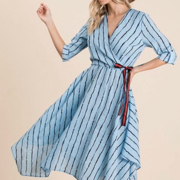 Striped Asymmetriccal Hem Midi Dress