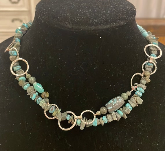 Vintage Silver Tone Turquoise Beaded Choker Colla… - image 1