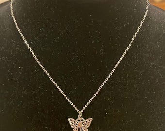 Vintage Silver Tone Butterfly Pendant Choker Collar Statement Necklace