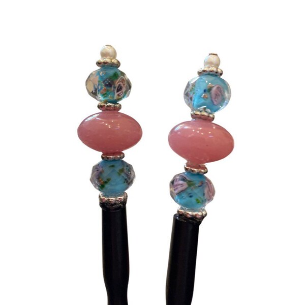 Set Pair of Wooden Beaded Hair Bun Sticks Pins Holder Glass Beads Japanese Chopsticks