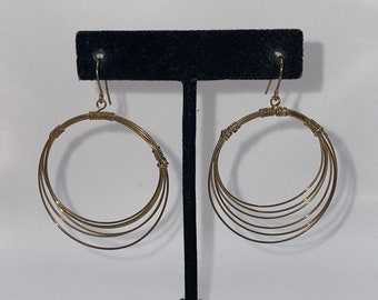 Vintage Gold Tone Wire Hoop Dangle Drop Statement Earrings