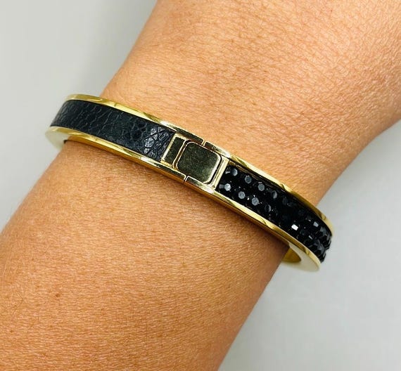 Vintage Gold Tone Black Swarovski Bangle Cuff Statement Bracelet