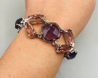 Anne Klein Silver Tone Purple Pink Gemstones Bangle Cuff Statement Bracelet