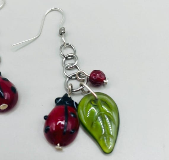 Silver Tone Ladybug Leaf Dangle Drop Statement Ea… - image 2