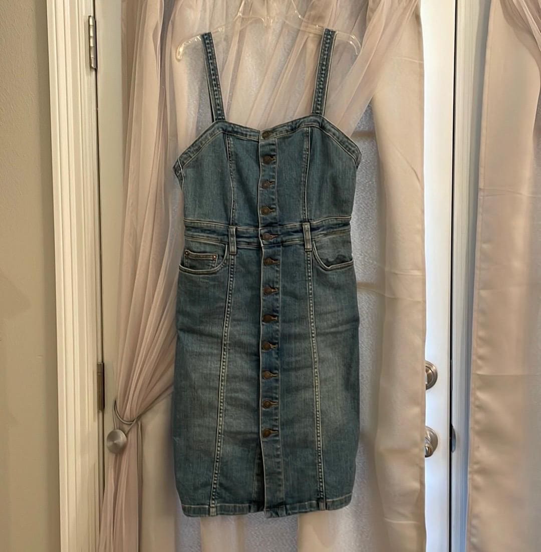 Free People Denim Button Down Front MIDI Overall Dress Size 6 Small