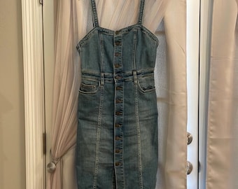 Free People Denim Button Down Front MIDI Overall Dress Size 6 Small