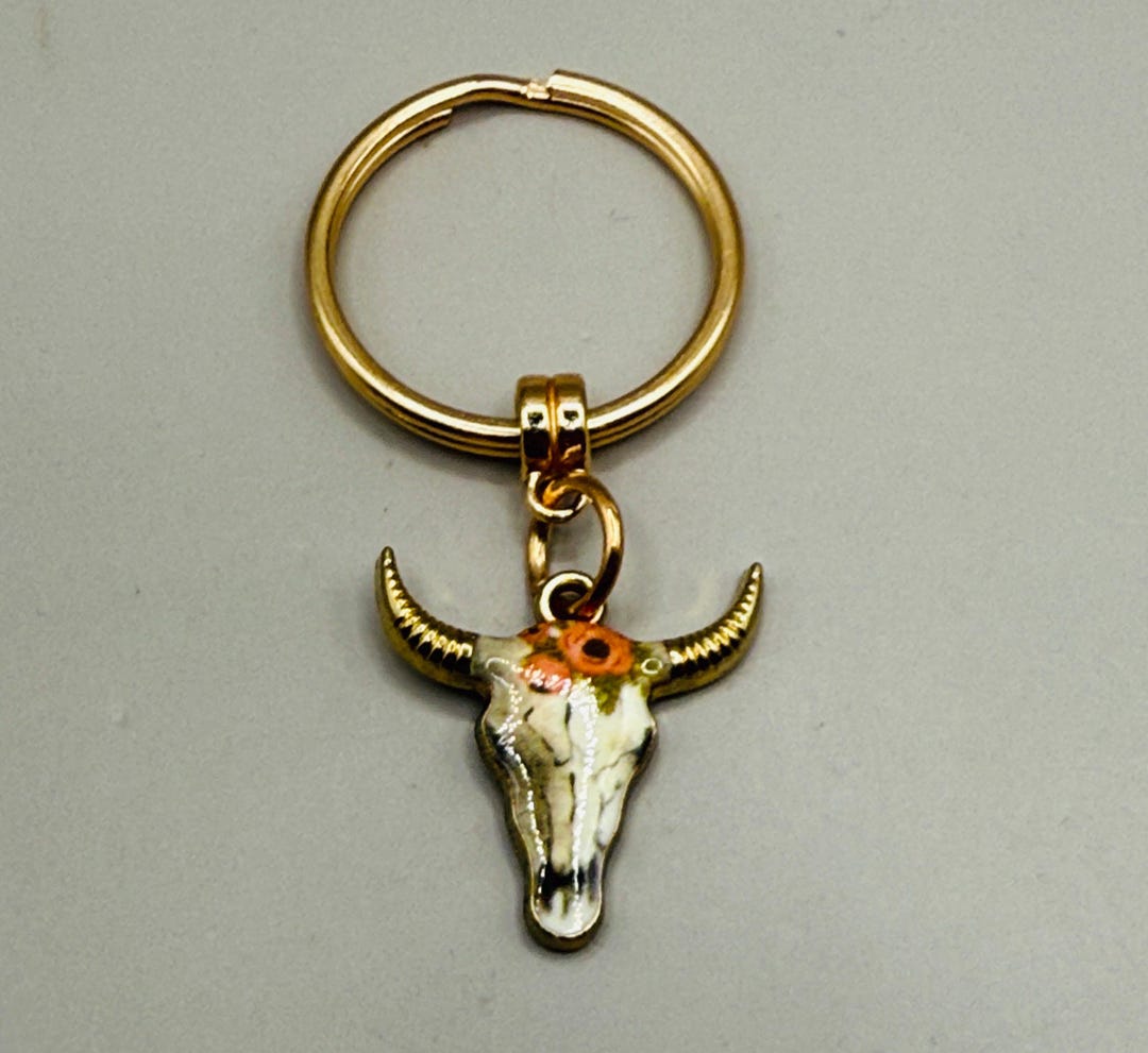 Gold Tone Bull Skull Floral Cow Keychain - Etsy