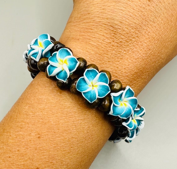 Brown Blue Plumeria Hawaiian Style Aloha Bangle Floral Cuff Statement Bracelet