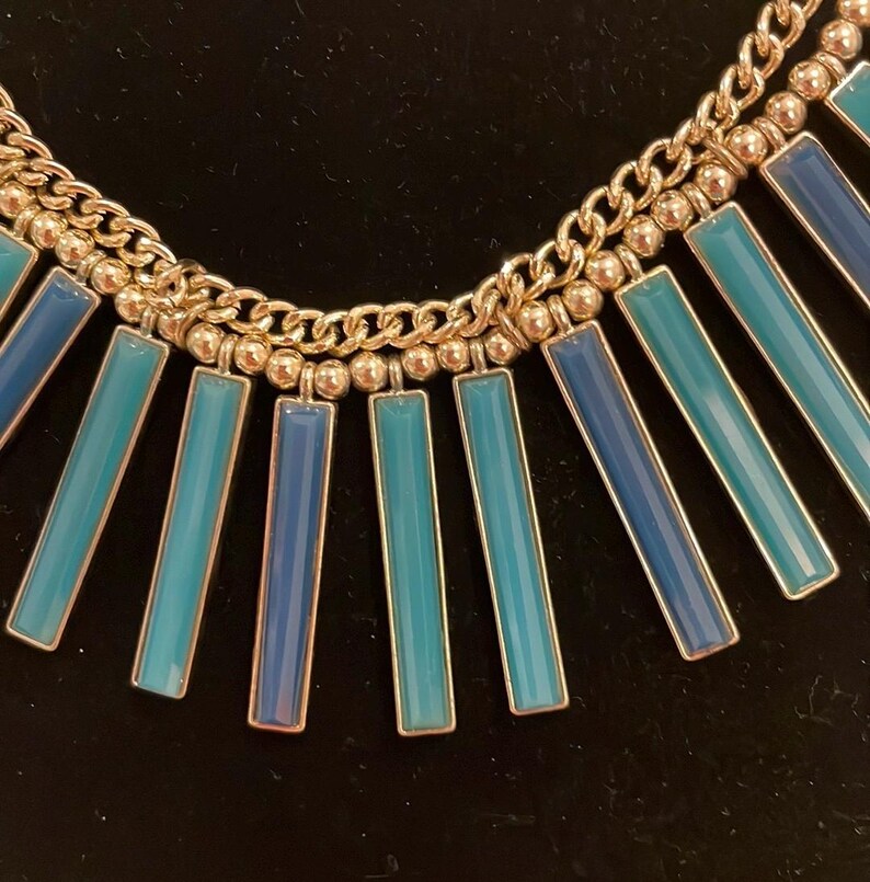 Vintage Gold Tone Blue Green Choker Collar Bib Pendant Statement