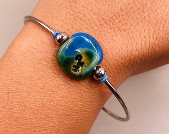 Silver Tone H20 Water Earth Thin Bangle Cuff Statement Bracelet