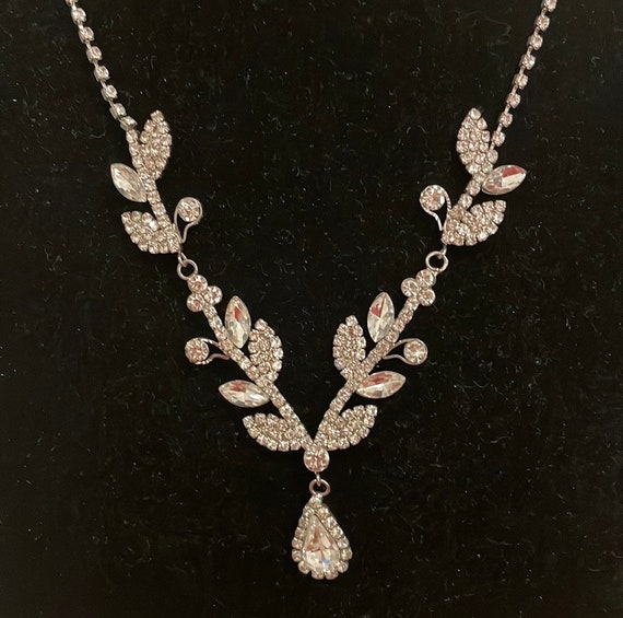 Vintage Silver Tone Rhinestone Leaf Floral Pendan… - image 2
