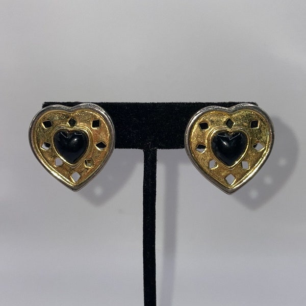 Vintage Gold Tone Black Heart Signed C. Stein Clip On Statement Earrings