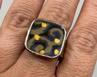 Vintage Gold Tone Black Art Deco Large Adjustable Size Cocktail Statement Ring