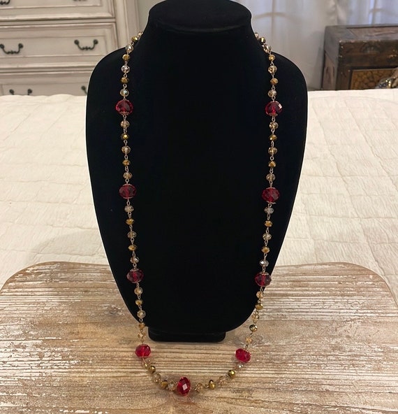Vintage Gold Tone Red Beaded Long Statement Neckla