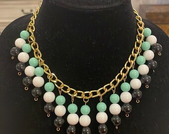 Vintage Gold Tone Black White Green Beaded Choker Collar Pendant Statement Necklace