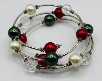 Vintage Silver Tone Red Cream Green Beaded Bangle Cuff Statement Bracelet