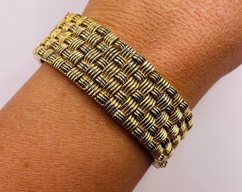 Vintage Gold Tone Basketweave Large Cuff Statement Bracelet