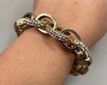 Vintage Gold Tone Rhinestone Chain Link Bangle Cuff Statement Bracelet