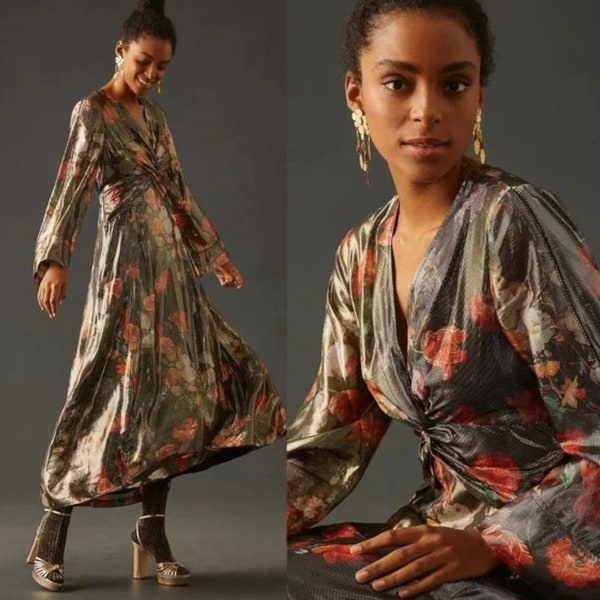 Anthropologie Caballero Brown Motif Deep V Maxi Floral Metallic Dress
