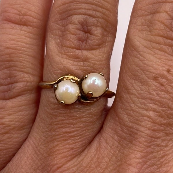 Vintage Karatclad 18K HGE Espo Double Pearl Statement Ring Size 6.5