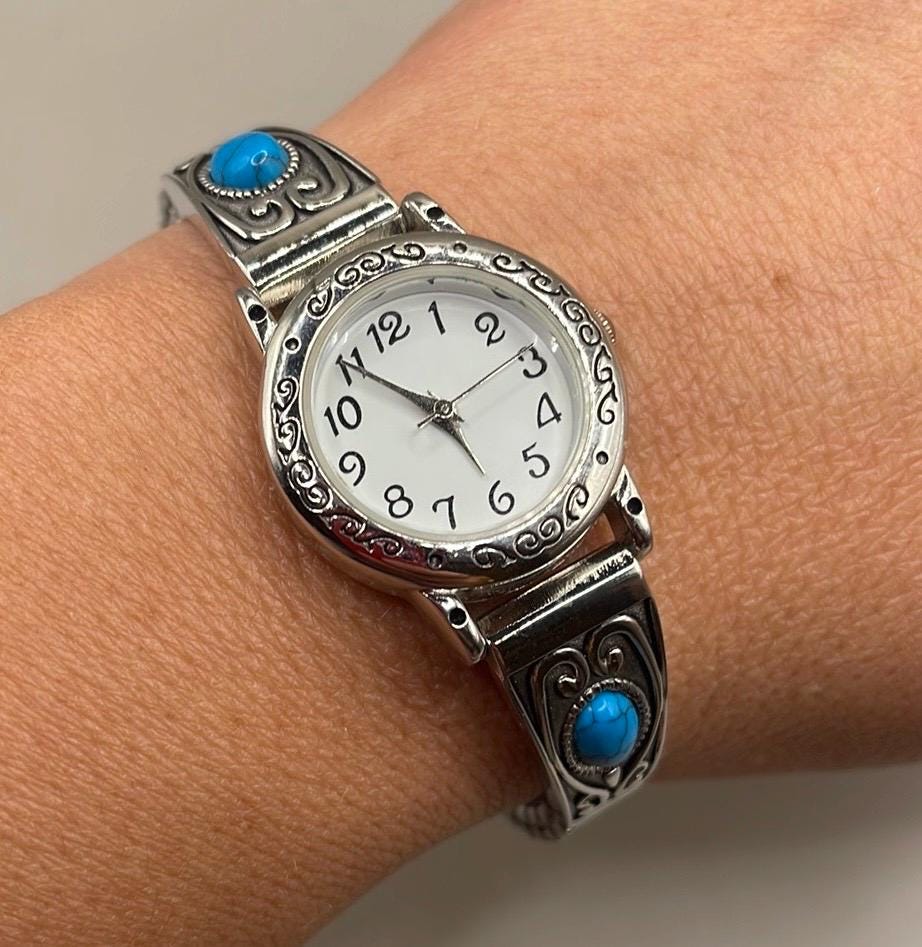 Southwestern Silver Tone Ladies Faux Turquoise Stones  display picture 3