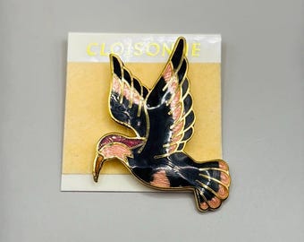 Vintage Cloisonné Bird Black Pink Gold Tone Brooch Pin