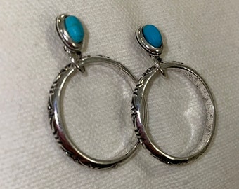 Silver Plated Turquoise Bali Style Hoop Earrings