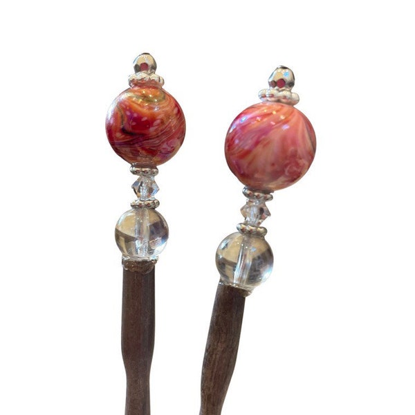 Set Pair of Wooden Beaded Hair Sticks Bun Holder Pins Japanese Glass Beads Chopsticks