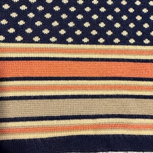 May include: Close-up of a knitted fabric with a navy blue background and white polka dots. Below the polka dots are horizontal stripes in orange, beige, and navy blue. The fabric has a textured appearance.