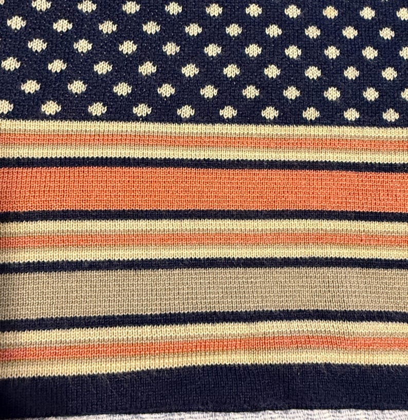 May include: Close-up of a knitted fabric with a navy blue background and white polka dots. Below the polka dots are horizontal stripes in orange, beige, and navy blue. The fabric has a textured appearance.