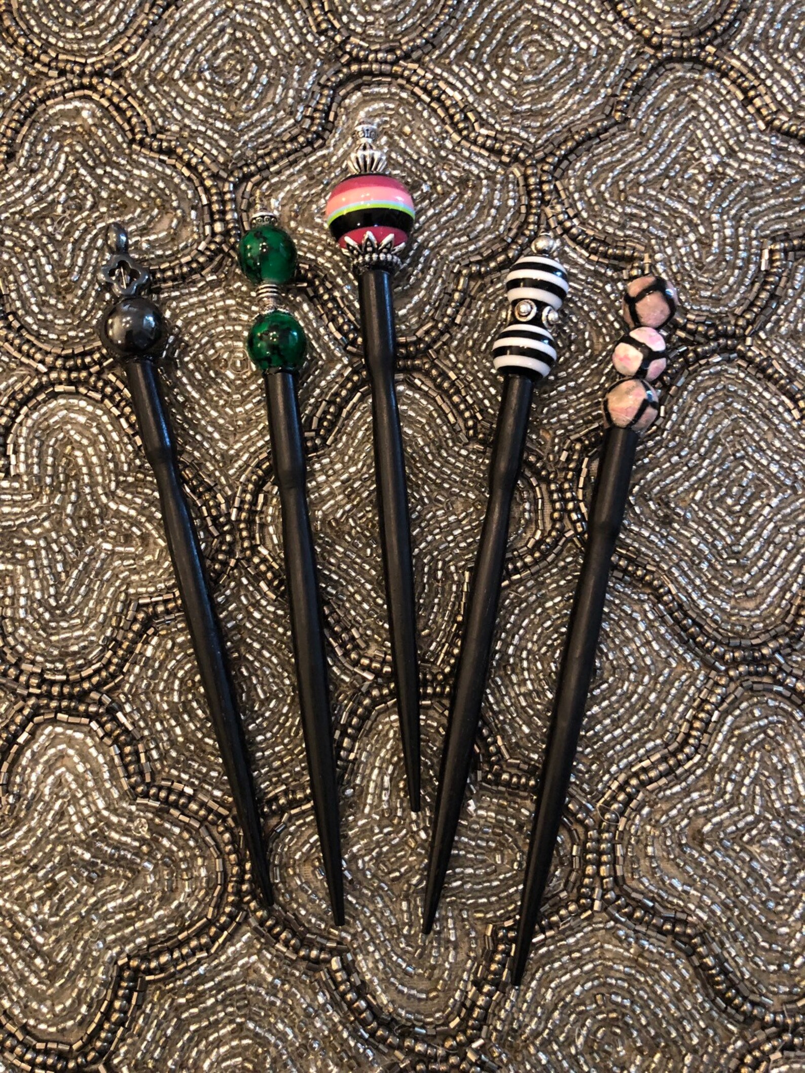 Set of Five Wooden Beaded Hair Bun Sticks Pins Etsy