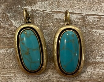 Antique Vintage Gold Turquoise Oval Leverback Earrings