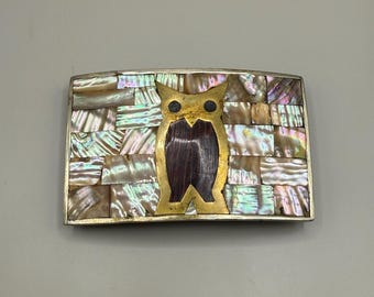 Vintage Mexican Alpaca Silver Belt Buckle: Abalone & Mother  display picture 3