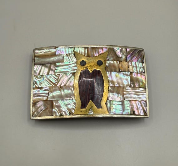 Vintage Abalone Shell Belt Buckle Alpaca Mexico Iridescent Inlay Retro Vintage Hecho en Mexico Alpaca Silver Abalone Shell Mosaic  main image 2