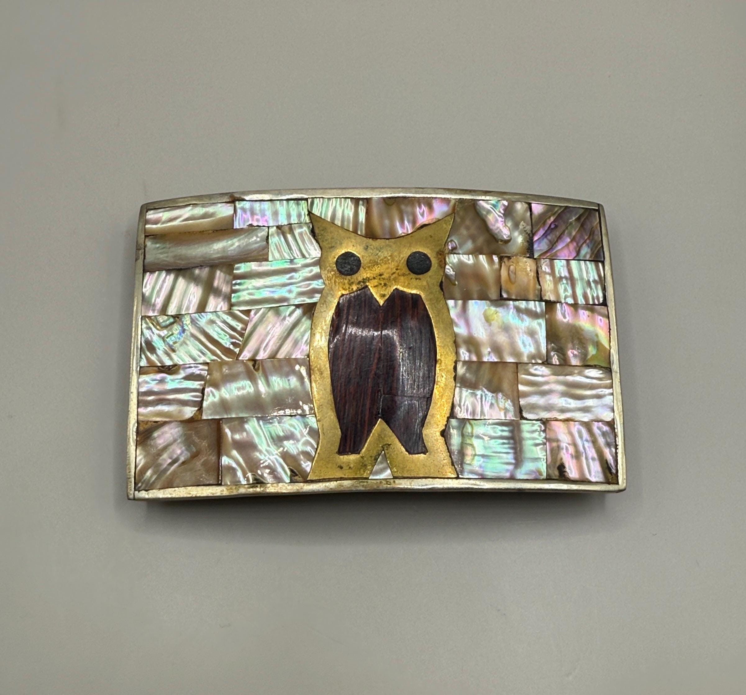 Vintage Alpaca Mexico Silver Mother of Pearl Abalone Owl Inlay Belt Buckle Alpaca Buckle In Vintage Belt Buckles for sale - eBay main image 4