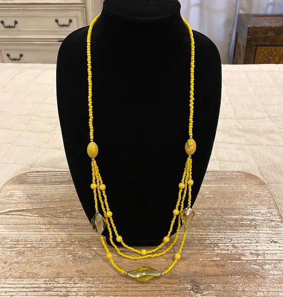Vintage Yellow Beaded Triple Layer Strand Long St… - image 1