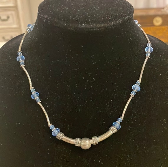 Vintage Antique Sterling Silver Blue Beaded Choke… - image 1