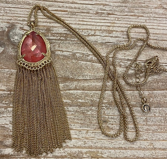 C 1946 Gold Tone Coral Pink Tassel Pendant Long Necklace Etsy
