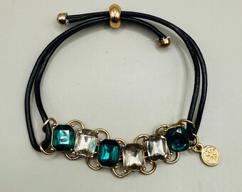 Brazalete vintage de cuerda negra con diamantes de imitación verdes y plateados