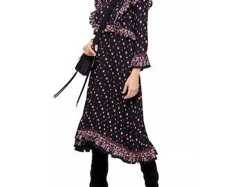 Free People Calico Skies Ruffle Black Pink Floral MIDI Maxi Dress Size XS